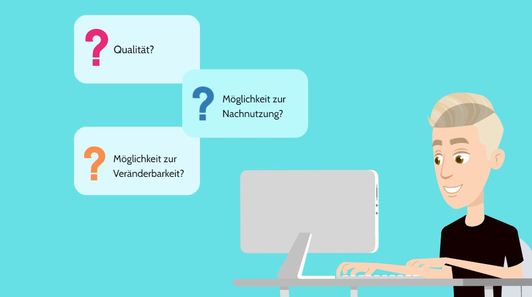 Das Bild zeigt einen Lehrer an seinem Laptop und drei Gedankenblasen mit Fragen zur Qualität von OER.