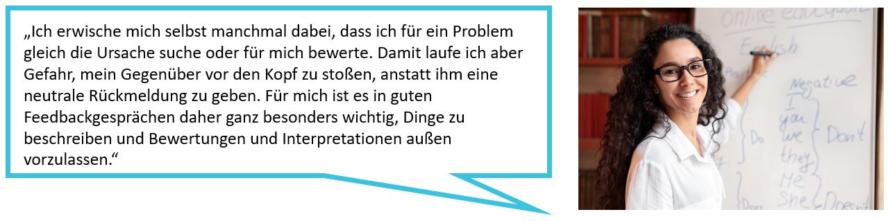 Das Bild zeigt auf der rechten Seite das Portrait einer jungen Frau, die freundlich in die Kamera lächelt und auf der linken Seite eine Sprechblase mit einem Tipp zu Feedbackgesprächen.