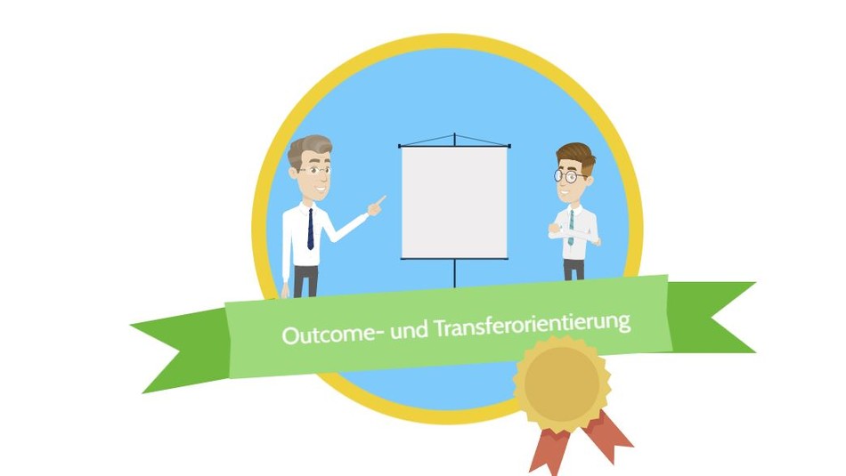 Das Bild zeigt Sebastian Seidel und seinen Chef, ein Siegel und den Titel Outcome- und Transferorientierung.