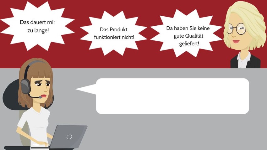 Das Bild zeigt, wie Marita Stein in ihrer Arbeit eine schwierige Kundin betreut.
