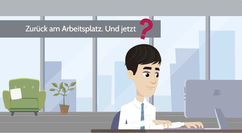 Das Bild zeigt einen Seminarteilnehmenden an seinem Arbeitsplatz. Auf dem Bild ist der Titel "Zurück am Arbeitsplatz. Und jetzt?" zu sehen.