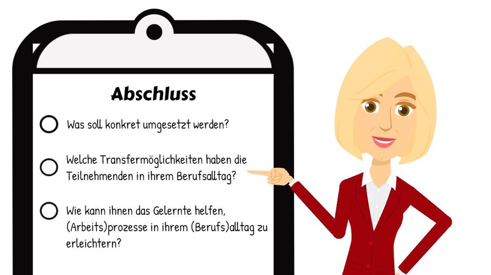 Das Bild zeigt Marlene Braun vor einem Clipboard, auf dem drei Fragen, die für die Seminarabschlussphase relevant sind, notiert sind.