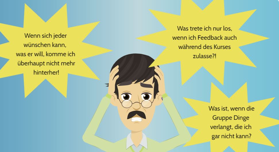 Ein Trainer rauft sich die Haare bei dem Gedanken an Feedback von seinen Teilnehmenden. In drei Sprechblasen erscheinen seine formulierten Befürchtungen.