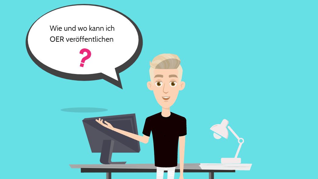 Das Bild zeigt einen Lehrenden an seinem Schreibtisch, der sich fragt, wie und wo er OER veröffentlichen kann.