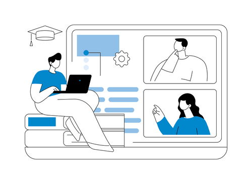 Die Illustration zeigt drei Teilnehmende, die Teil eines Webinars sind. 