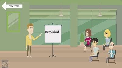Cartoonzeichnung: Kursleiter steht vor Gruppe und stellt an der Tafel seinen Kursablauf vor.