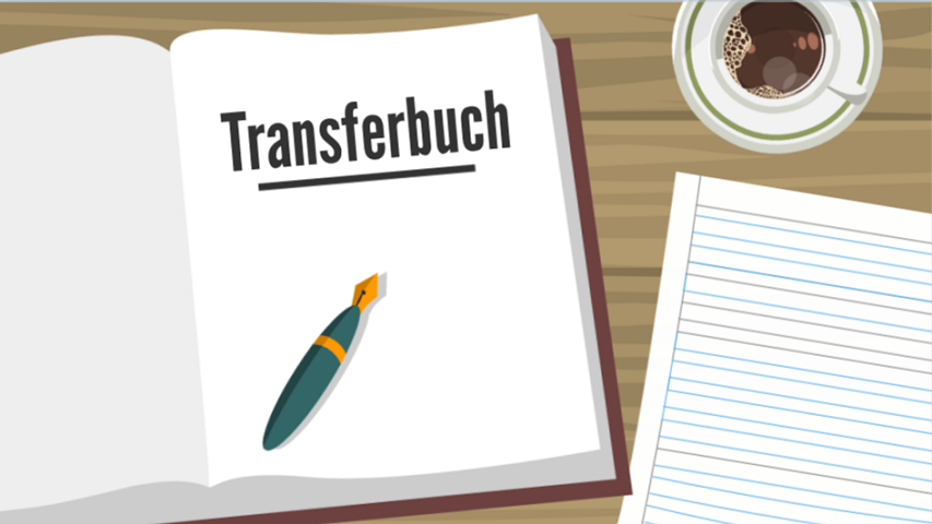 Das Bild zeigt ein aufgeschlagenes Transferbuch und einen Füller auf einem Schreibtisch.
