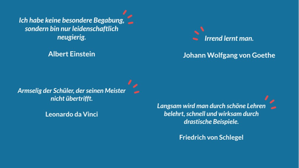 Das Bild zeigt vier Zitate berühmter Persönlichkeiten zum Thema Lernen.