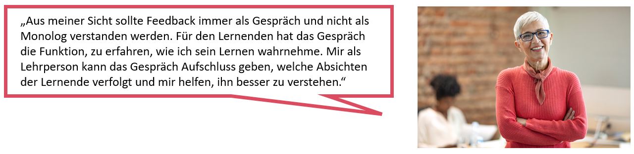 Das Bild zeigt auf der rechten Seite das Portrait einer Frau, die freundlich in die Kamera lächelt und auf der linken Seite eine Sprechblase mit einem Tipp zu Feedbackgesprächen.