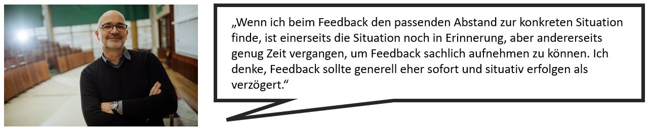 Das Bild zeigt auf der linken Seite das Portrait eines Mannes, der freundlich in die Kamera lächelt und auf der rechten Seite eine Sprechblase mit einem Tipp zu Feedbackgesprächen.