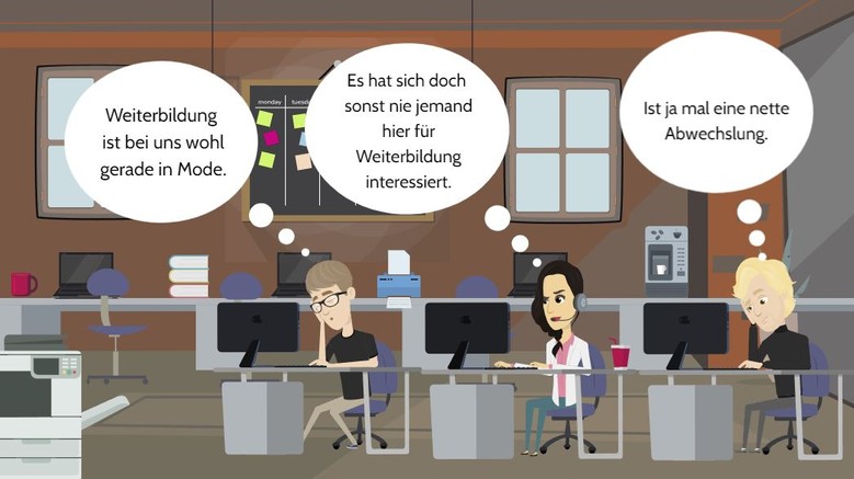 Das Bild zeigt die innere Grundhaltung weiterer Seminarteilnehmer und -teilnehmerinnen, die sich der geplanten Weiterbildung sehr skeptisch gegenüber zeigen.