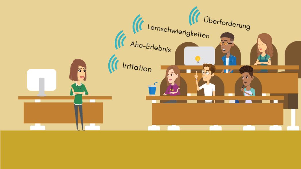 Das Bild zeigt, wie eine Dozentin im Seminarraum die Signale der Studierenden wahrnimmt, z. B. Lernschwierigkeiten und Überforderung.
