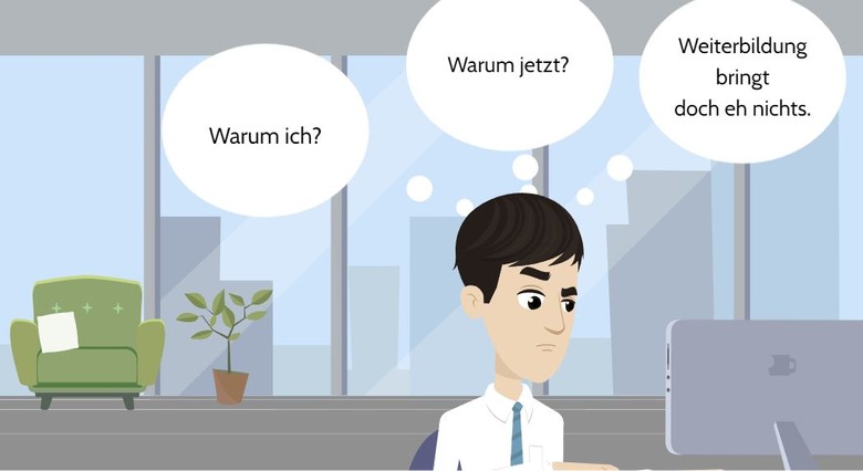 Das Bild zeigt einen Seminarteilnehmer an seinem Schreibtisch. Er fragt sich, warum gerade er gerade jetzt an einer Weiterbildung teilnehmen soll. Seiner Meinung nach bringt Weiterbildung sowieso nichts.