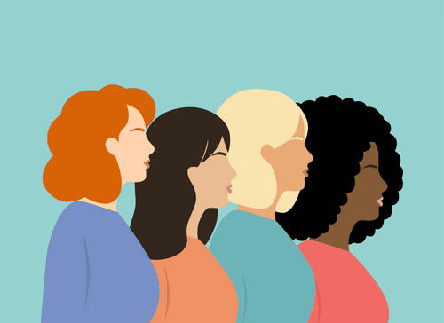 Vier unterschiedlich aussehende Frauen stehen nebeneinander und sind im Profil zu sehen. Sie blicken in die gleiche Richtung. 