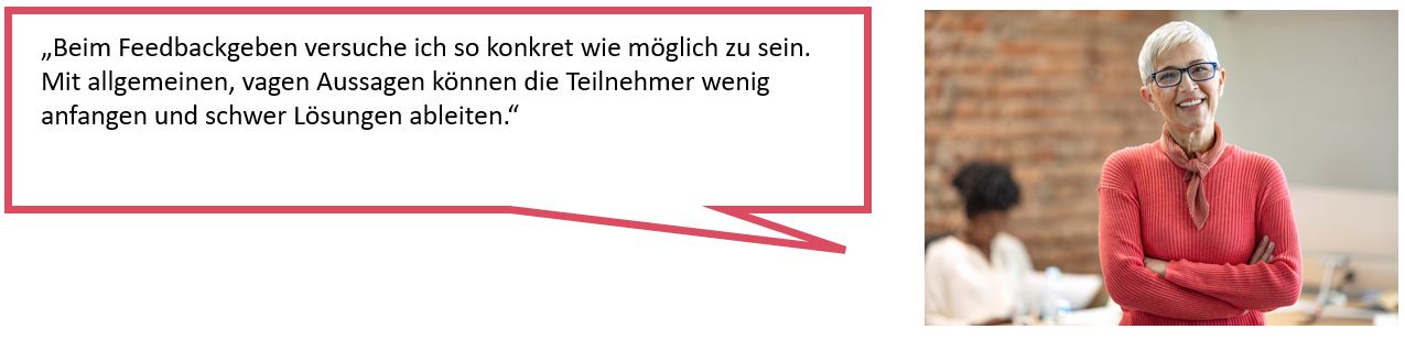 Das Bild zeigt auf der rechten Seite das Portrait einer Frau, die freundlich in die Kamera lächelt und auf der linken Seite eine Sprechblase mit einem Tipp zu Feedbackgesprächen.