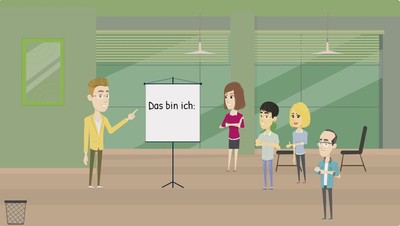 Cartoonzeichnung: Kursleiter steht vor Gruppe und stellt sich an einem Flipchart vor.