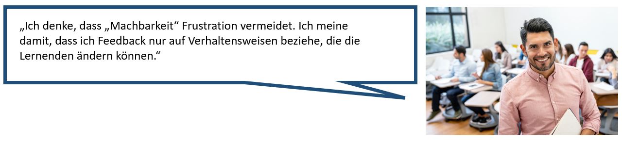 Das Bild zeigt auf der rechten Seite das Portrait eines jungen Mannes, der freundlich in die Kamera lächelt und auf der linken Seite eine Sprechblase mit einem Tipp zu Feedbackgesprächen.