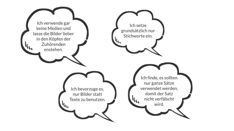 Das Bild zeigt vier Sprechblasen mit verschiedenen Meinungen zur Gestaltung von Präsentationen.