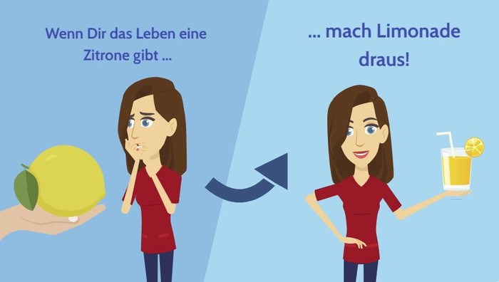 Geteiltes Bild mit skeptischer Frau und Text "Wenn Dir das Leben eine Zitrone gibt..." auf der linken Seite und der gleichen Frau, nun lachend, mit einem Limoglas in der Hand mit dem Text ..."mach Limonade draus!" darüber.