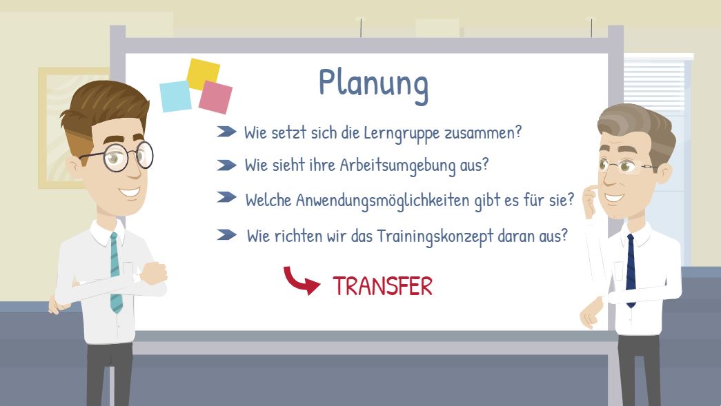 Das Bild zeigt Sebastian Seidel und seinen Chef vor einem Whiteboard. Auf dem Whiteboard sieht man Fragen, die für die Planung des Seminars relevant sind, z. B.: Wie setzt sich die Lerngruppe zusammen?