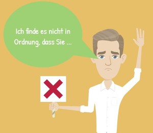 Mann mit Schild mit rotem Kreuz. Denkblase: Ich finde es nicht in Ordnung, dass Sie ...