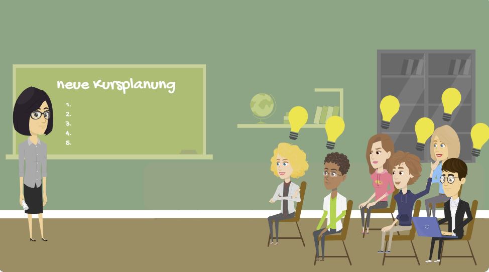 Kursgruppe mit Dozentin. Die Dozentin schreibt die neue, ergänzte Kursplanung an die Tafel. Über den Köpfen der Teilnehmenden erscheinen Glühbirnen.