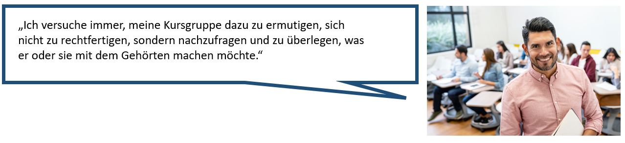Das Bild zeigt auf der rechten Seite das Portrait eines jungen Mannes, der freundlich in die Kamera lächelt und auf der linken Seite eine Sprechblase mit einem Tipp zu Feedbackgesprächen.