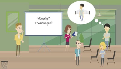 Cartoonzeichnung: Der Dozent steht abwartend an der Tafel, ander Wünsche? und Erwartungen? steht. Die Teilnehmenden im Vordergrund unterhalten sich und haben Sprechblasen über sich, in denen wiederum die Teilnehmenden in anderen Situationen abgebildet sind.