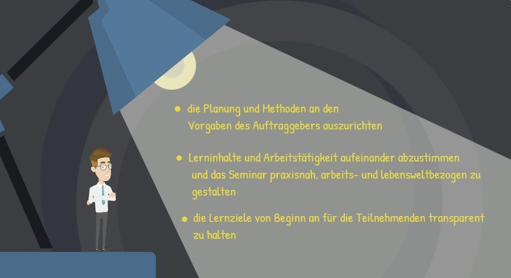 Das Bild zeigt Trainer Sebastian Seidel und eine Leselampe, in deren Lichtstrahl die Ziele des vorbereitenden Gesprächs aufgelistet zu sehen sind.